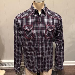 E 191 Unlimited Men's Plaid Button Down Shirt - Navy, Red, and White Business